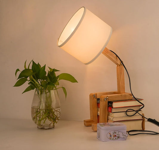 Robot Bedside Lamp, Fabric Lampshade Match Foldable Solid Wood Body, Creative E27 Screw Table Lamp for Bedroom Living Room