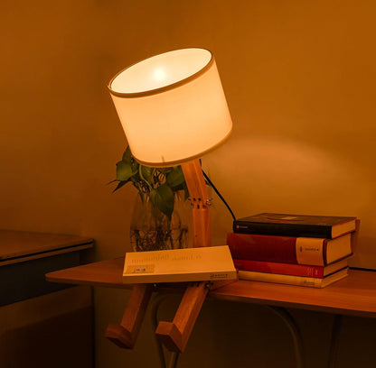 Robot Bedside Lamp, Fabric Lampshade Match Foldable Solid Wood Body, Creative E27 Screw Table Lamp for Bedroom Living Room