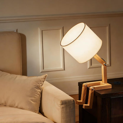 Robot Bedside Lamp, Fabric Lampshade Match Foldable Solid Wood Body, Creative E27 Screw Table Lamp for Bedroom Living Room