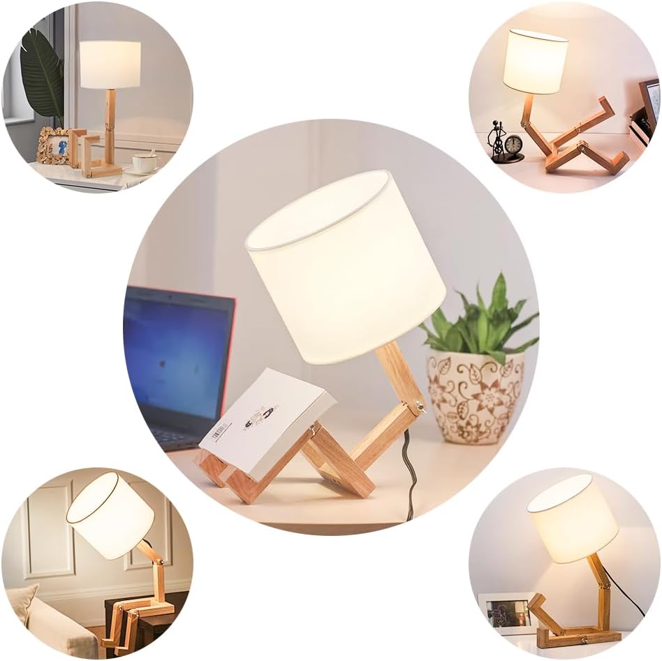 Robot Bedside Lamp, Fabric Lampshade Match Foldable Solid Wood Body, Creative E27 Screw Table Lamp for Bedroom Living Room