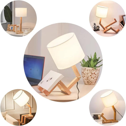 Robot Bedside Lamp, Fabric Lampshade Match Foldable Solid Wood Body, Creative E27 Screw Table Lamp for Bedroom Living Room
