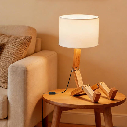 Robot Bedside Lamp, Fabric Lampshade Match Foldable Solid Wood Body, Creative E27 Screw Table Lamp for Bedroom Living Room