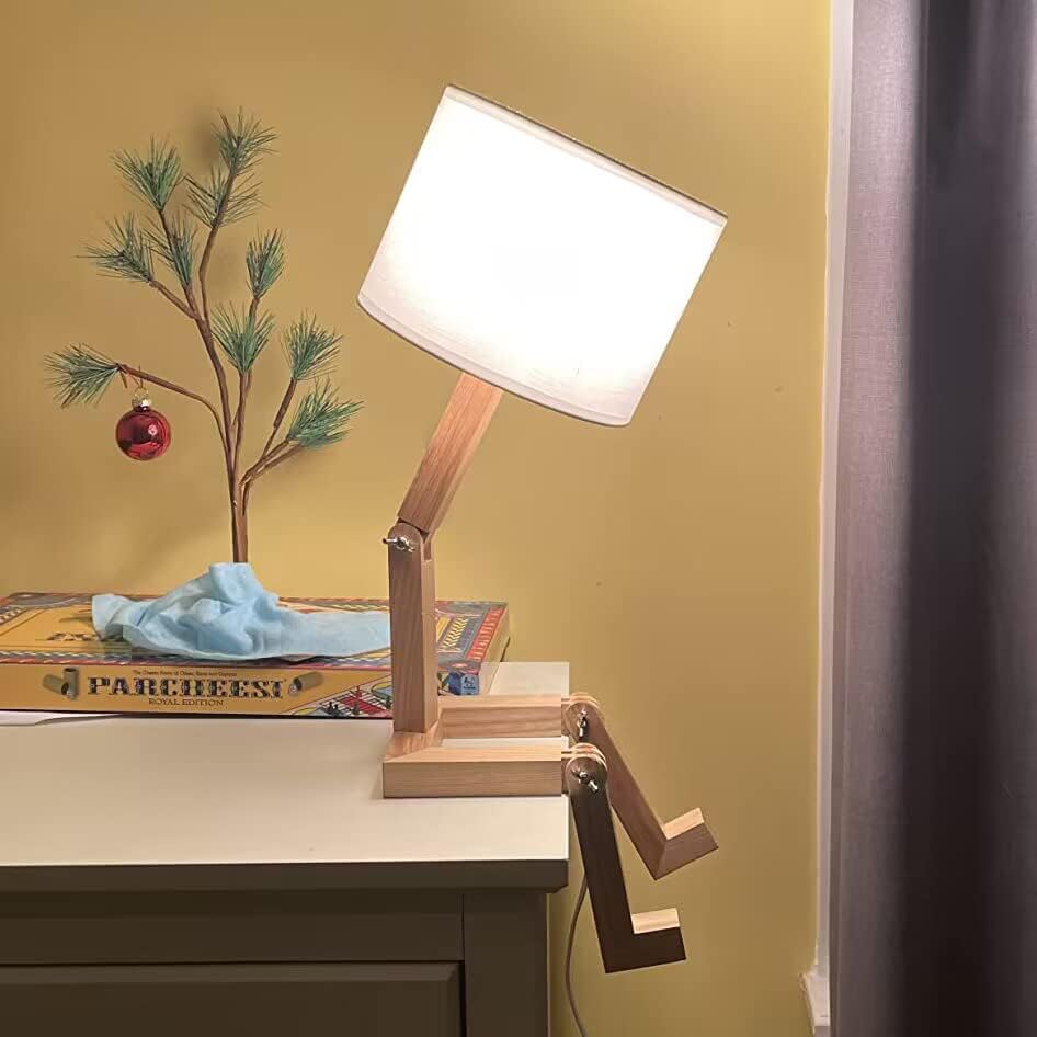 Robot Bedside Lamp, Fabric Lampshade Match Foldable Solid Wood Body, Creative E27 Screw Table Lamp for Bedroom Living Room