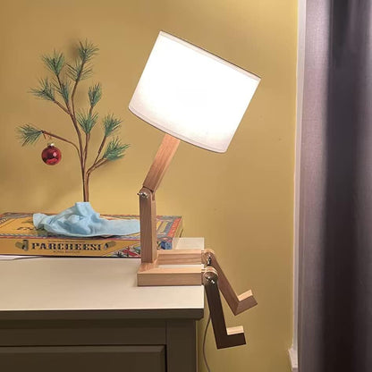 Robot Bedside Lamp, Fabric Lampshade Match Foldable Solid Wood Body, Creative E27 Screw Table Lamp for Bedroom Living Room