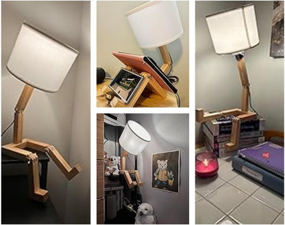 Robot Bedside Lamp, Fabric Lampshade Match Foldable Solid Wood Body, Creative E27 Screw Table Lamp for Bedroom Living Room