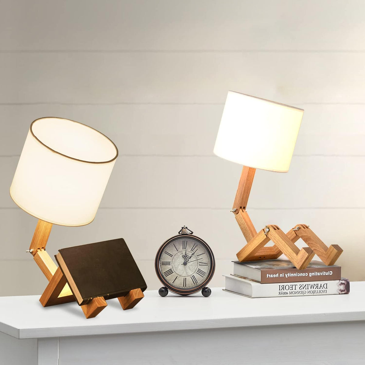 Robot Bedside Lamp, Fabric Lampshade Match Foldable Solid Wood Body, Creative E27 Screw Table Lamp for Bedroom Living Room