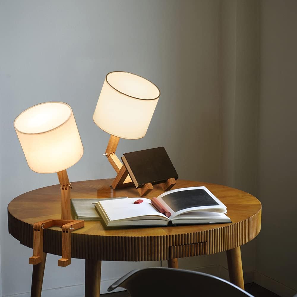 Robot Bedside Lamp, Fabric Lampshade Match Foldable Solid Wood Body, Creative E27 Screw Table Lamp for Bedroom Living Room