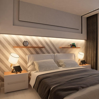 Robot Bedside Lamp, Fabric Lampshade Match Foldable Solid Wood Body, Creative E27 Screw Table Lamp for Bedroom Living Room