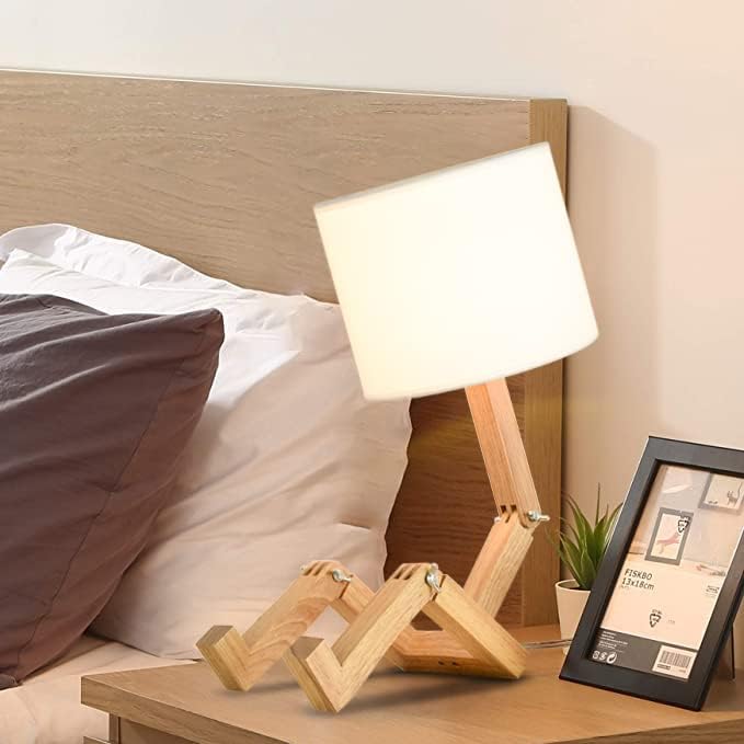 Robot Bedside Lamp, Fabric Lampshade Match Foldable Solid Wood Body, Creative E27 Screw Table Lamp for Bedroom Living Room