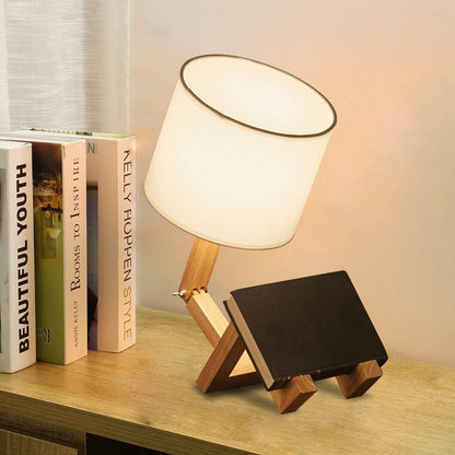 Robot Bedside Lamp, Fabric Lampshade Match Foldable Solid Wood Body, Creative E27 Screw Table Lamp for Bedroom Living Room
