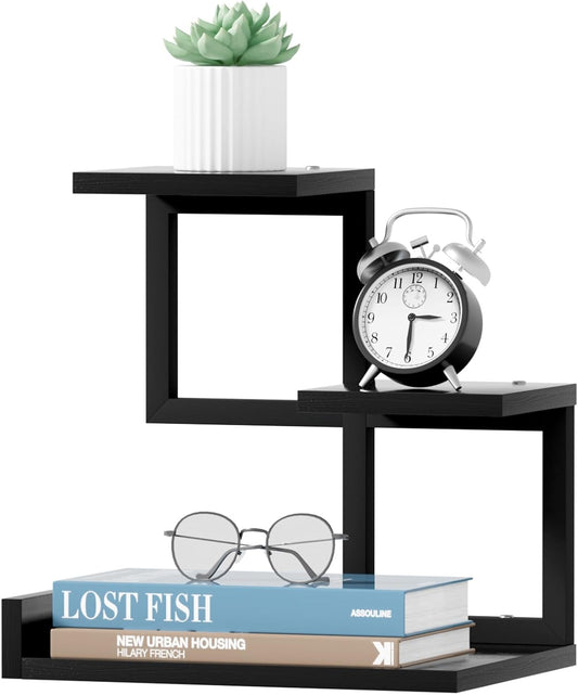 Desk Shelf Organizer - Wood Desktop Shelf, Freestanding Desk Hutch Office Decor, 3 Tier Storage Display Rack, Small Bookshelf with Metal Frame for Books/Plants/Toys (Black)