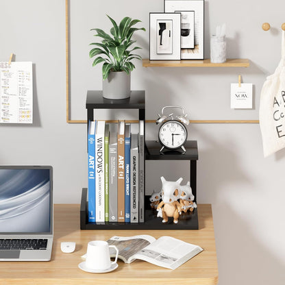 Desk Shelf Organizer - Wood Desktop Shelf, Freestanding Desk Hutch Office Decor, 3 Tier Storage Display Rack, Small Bookshelf with Metal Frame for Books/Plants/Toys (Black)