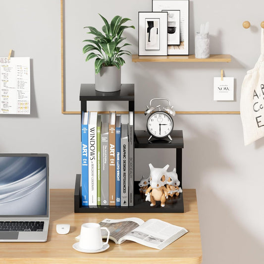 Desk Shelf Organizer - Wood Desktop Shelf, Freestanding Desk Hutch Office Decor, 3 Tier Storage Display Rack, Small Bookshelf with Metal Frame for Books/Plants/Toys (Black)