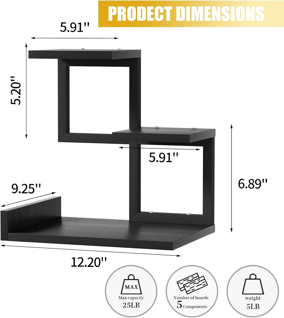 Desk Shelf Organizer - Wood Desktop Shelf, Freestanding Desk Hutch Office Decor, 3 Tier Storage Display Rack, Small Bookshelf with Metal Frame for Books/Plants/Toys (Black)