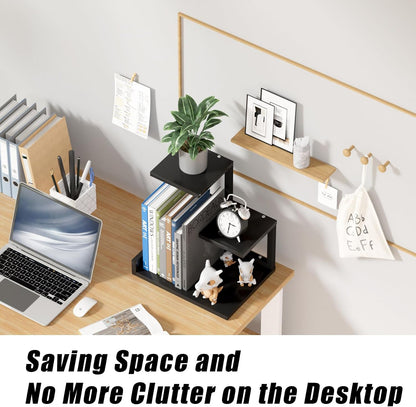 Desk Shelf Organizer - Wood Desktop Shelf, Freestanding Desk Hutch Office Decor, 3 Tier Storage Display Rack, Small Bookshelf with Metal Frame for Books/Plants/Toys (Black)