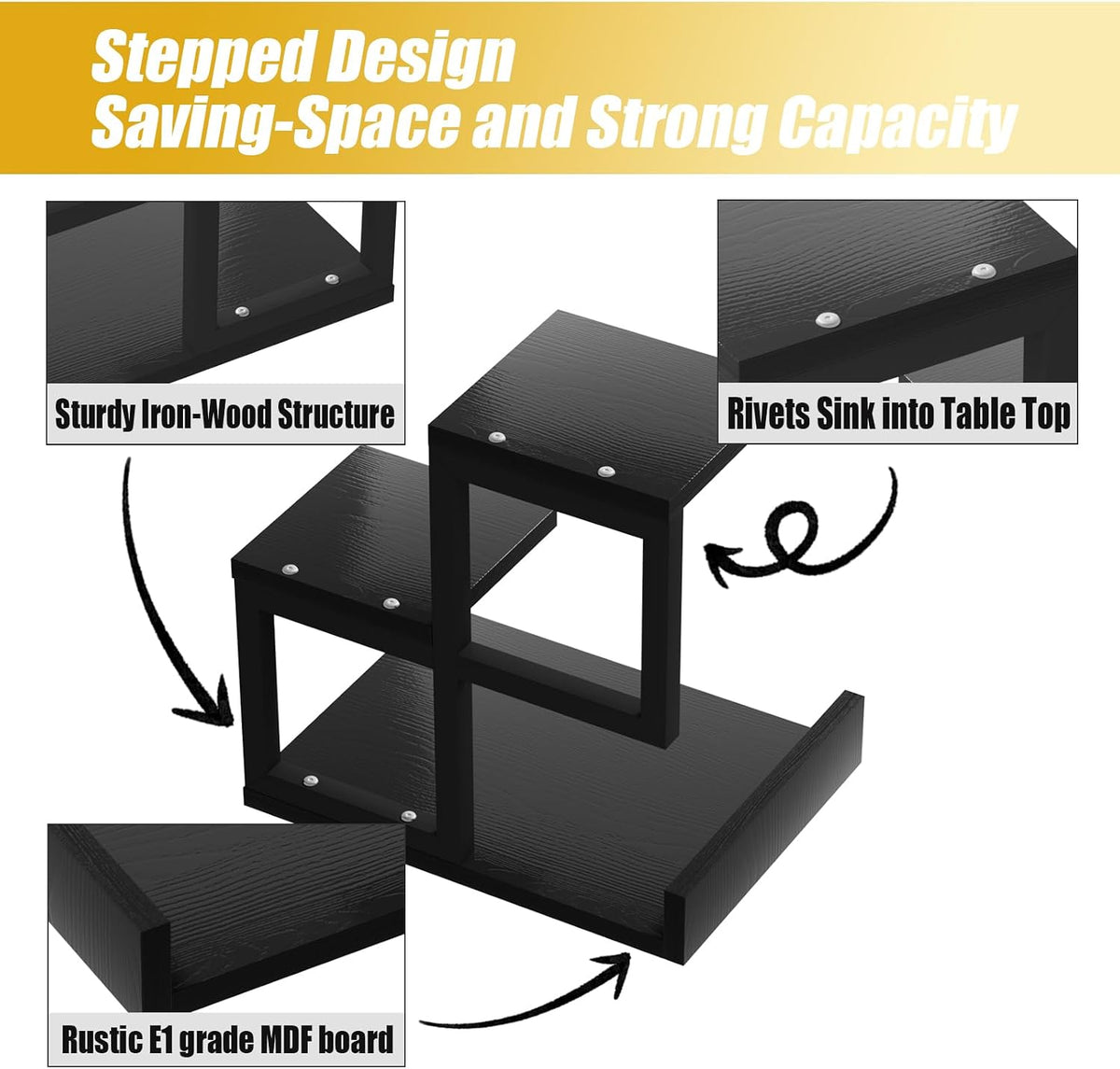 Desk Shelf Organizer - Wood Desktop Shelf, Freestanding Desk Hutch Office Decor, 3 Tier Storage Display Rack, Small Bookshelf with Metal Frame for Books/Plants/Toys (Black)