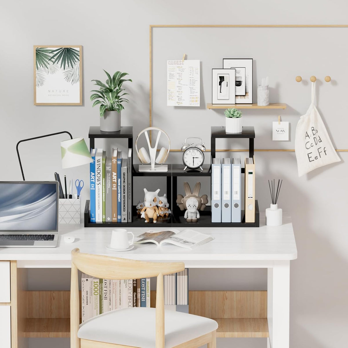 Desk Shelf Organizer - Wood Desktop Shelf, Freestanding Desk Hutch Office Decor, 3 Tier Storage Display Rack, Small Bookshelf with Metal Frame for Books/Plants/Toys (Black)