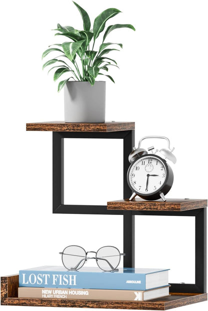 Desk Shelf Organizer - Wood Desktop Shelf, Freestanding Desk Hutch Office Decor, 3 Tier Storage Display Rack, Small Bookshelf with Metal Frame for Books/Plants/Toys (Black)