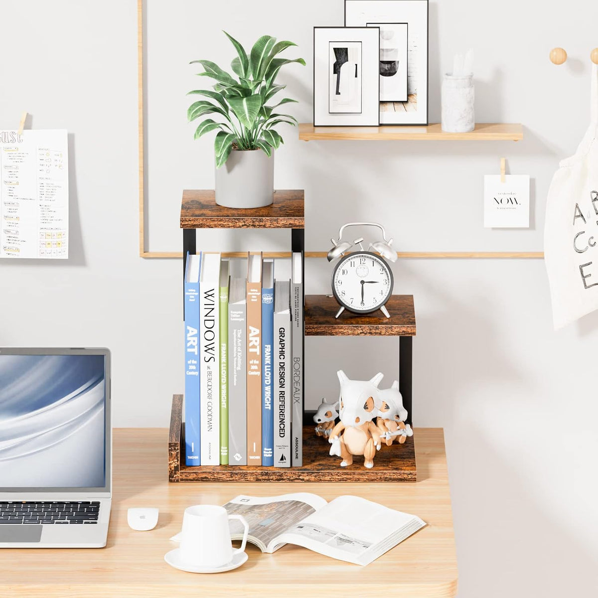 Desk Shelf Organizer - Wood Desktop Shelf, Freestanding Desk Hutch Office Decor, 3 Tier Storage Display Rack, Small Bookshelf with Metal Frame for Books/Plants/Toys (Black)