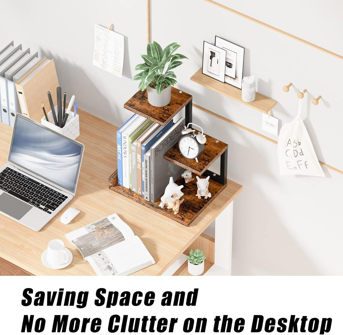 Desk Shelf Organizer - Wood Desktop Shelf, Freestanding Desk Hutch Office Decor, 3 Tier Storage Display Rack, Small Bookshelf with Metal Frame for Books/Plants/Toys (Black)