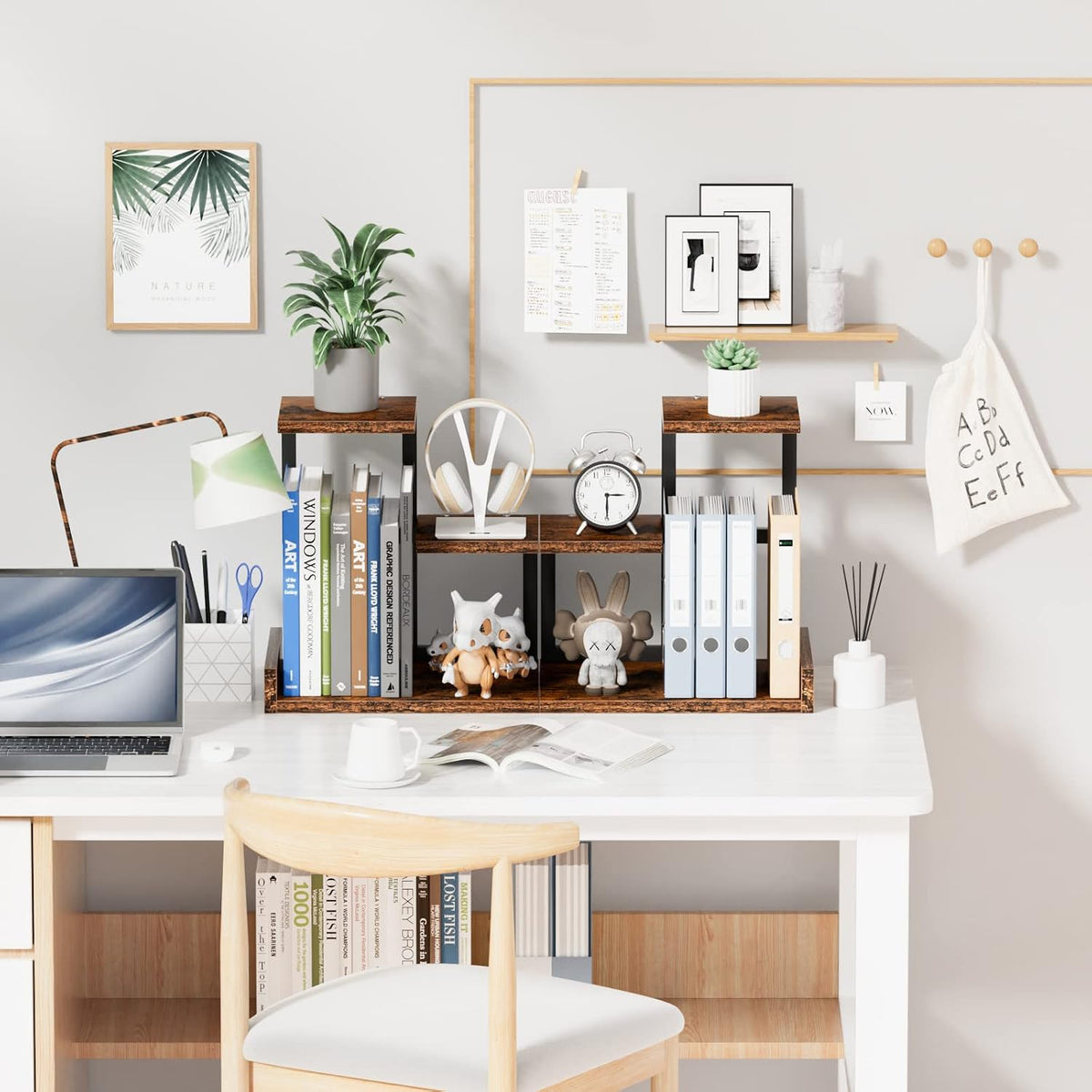 Desk Shelf Organizer - Wood Desktop Shelf, Freestanding Desk Hutch Office Decor, 3 Tier Storage Display Rack, Small Bookshelf with Metal Frame for Books/Plants/Toys (Black)