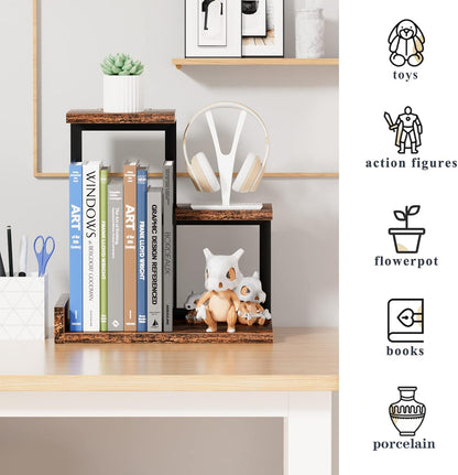 Desk Shelf Organizer - Wood Desktop Shelf, Freestanding Desk Hutch Office Decor, 3 Tier Storage Display Rack, Small Bookshelf with Metal Frame for Books/Plants/Toys (Black)