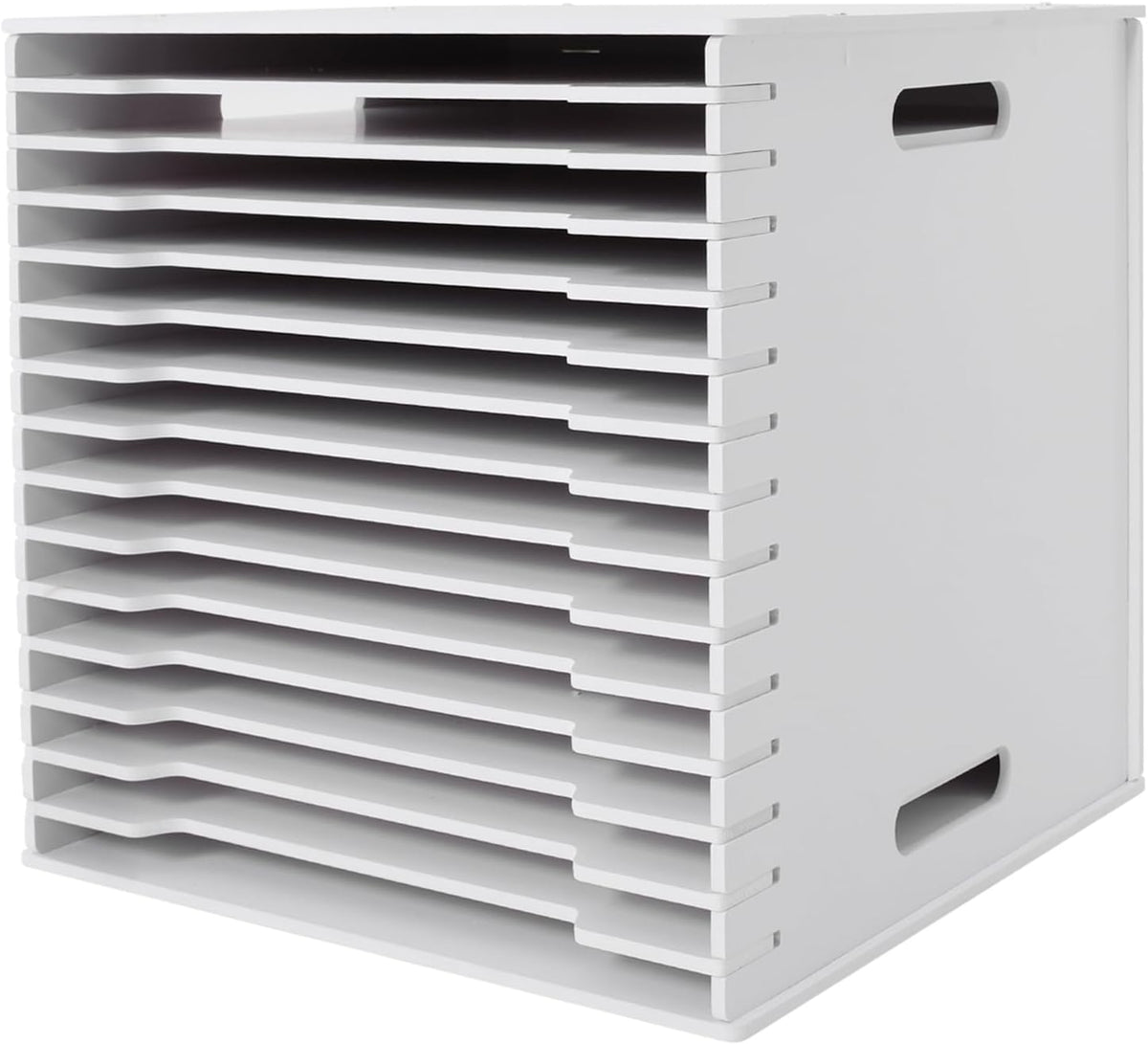 15-Slot Desktop File Organizer Rack, Vertical PVC Paper Storage Shelf for 12x12 Sheets, Office Document Sorter for Home Office, Classroom, Craft Room and Magazine Storage (White)