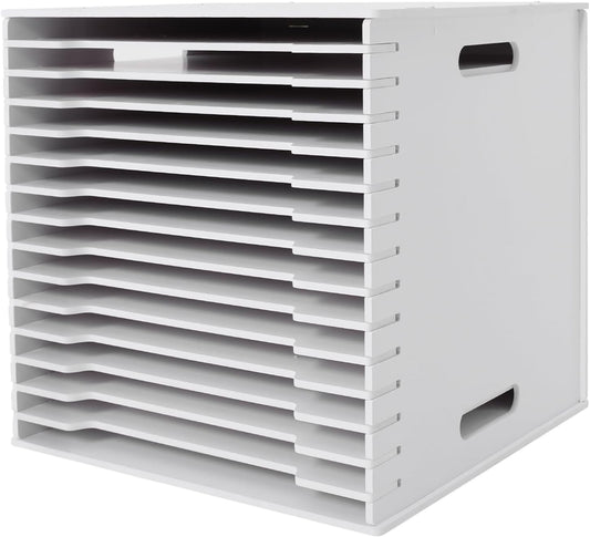 15-Slot Desktop File Organizer Rack, Vertical PVC Paper Storage Shelf for 12x12 Sheets, Office Document Sorter for Home Office, Classroom, Craft Room and Magazine Storage (White)