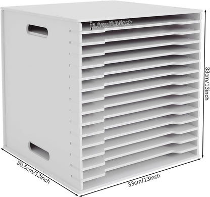 15-Slot Desktop File Organizer Rack, Vertical PVC Paper Storage Shelf for 12x12 Sheets, Office Document Sorter for Home Office, Classroom, Craft Room and Magazine Storage (White)