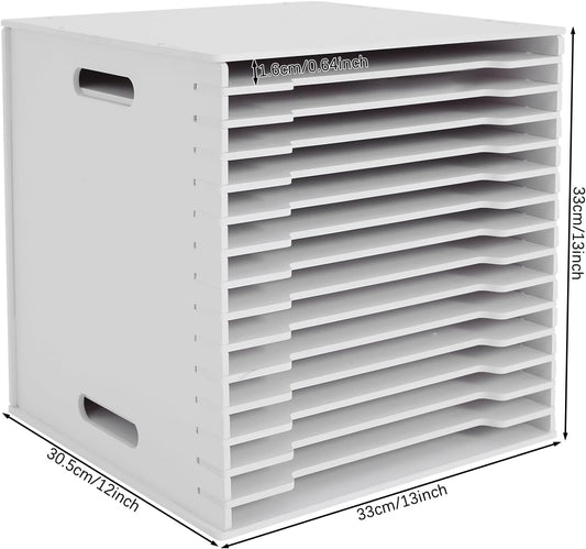 15-Slot Desktop File Organizer Rack, Vertical PVC Paper Storage Shelf for 12x12 Sheets, Office Document Sorter for Home Office, Classroom, Craft Room and Magazine Storage (White)