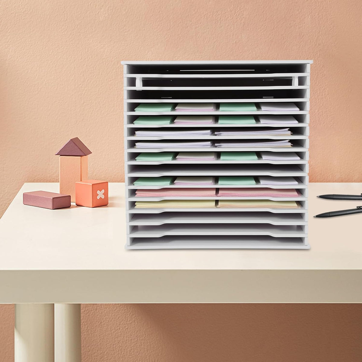 15-Slot Desktop File Organizer Rack, Vertical PVC Paper Storage Shelf for 12x12 Sheets, Office Document Sorter for Home Office, Classroom, Craft Room and Magazine Storage (White)