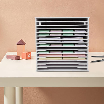 15-Slot Desktop File Organizer Rack, Vertical PVC Paper Storage Shelf for 12x12 Sheets, Office Document Sorter for Home Office, Classroom, Craft Room and Magazine Storage (White)