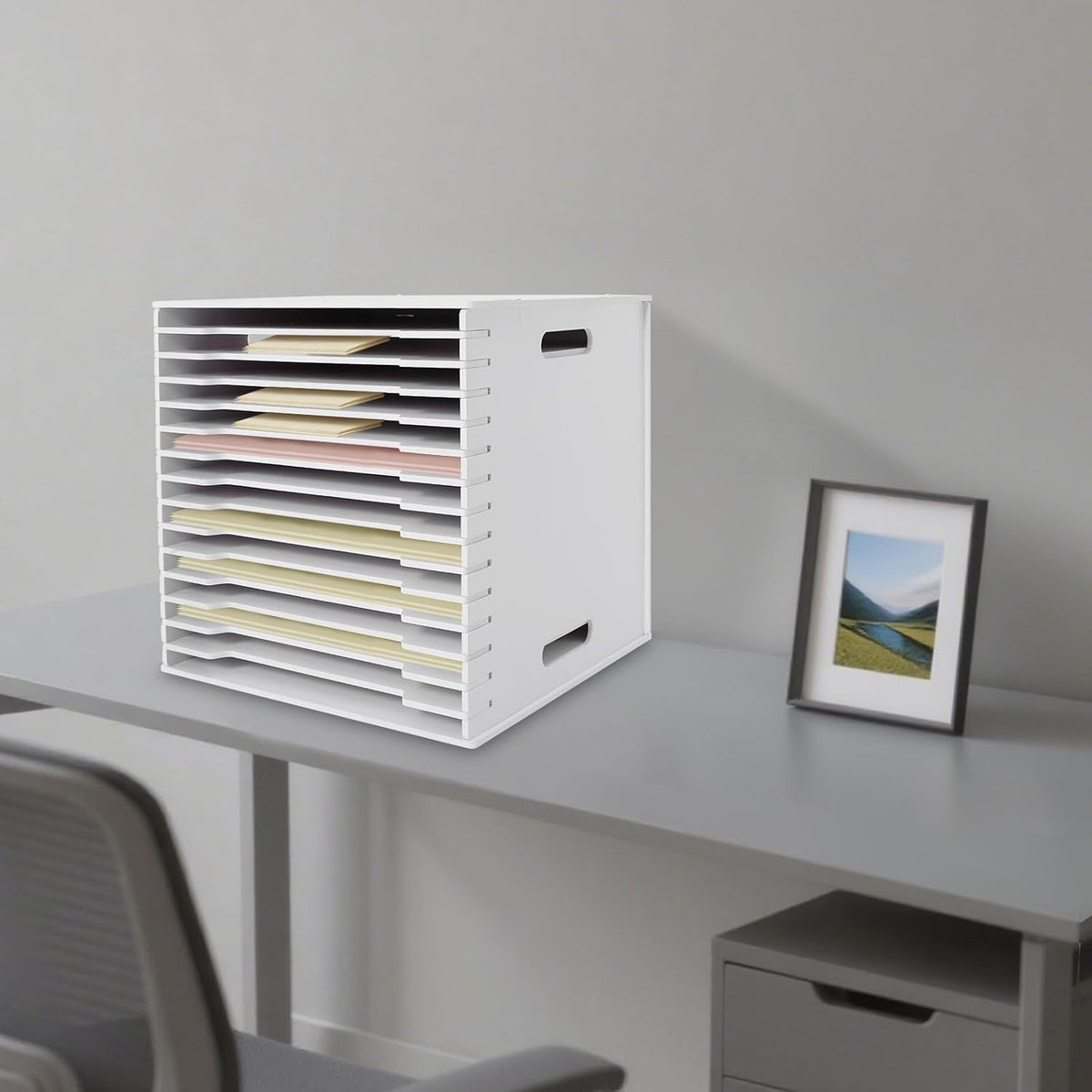 15-Slot Desktop File Organizer Rack, Vertical PVC Paper Storage Shelf for 12x12 Sheets, Office Document Sorter for Home Office, Classroom, Craft Room and Magazine Storage (White)