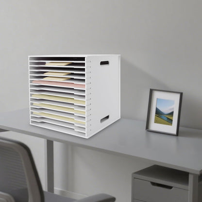 15-Slot Desktop File Organizer Rack, Vertical PVC Paper Storage Shelf for 12x12 Sheets, Office Document Sorter for Home Office, Classroom, Craft Room and Magazine Storage (White)