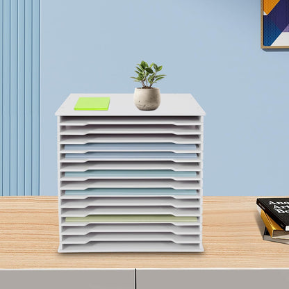 15-Slot Desktop File Organizer Rack, Vertical PVC Paper Storage Shelf for 12x12 Sheets, Office Document Sorter for Home Office, Classroom, Craft Room and Magazine Storage (White)