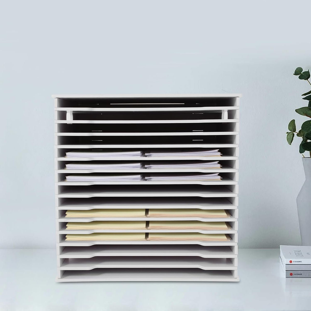 15-Slot Desktop File Organizer Rack, Vertical PVC Paper Storage Shelf for 12x12 Sheets, Office Document Sorter for Home Office, Classroom, Craft Room and Magazine Storage (White)