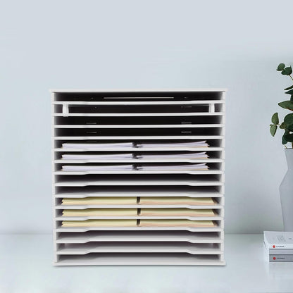 15-Slot Desktop File Organizer Rack, Vertical PVC Paper Storage Shelf for 12x12 Sheets, Office Document Sorter for Home Office, Classroom, Craft Room and Magazine Storage (White)