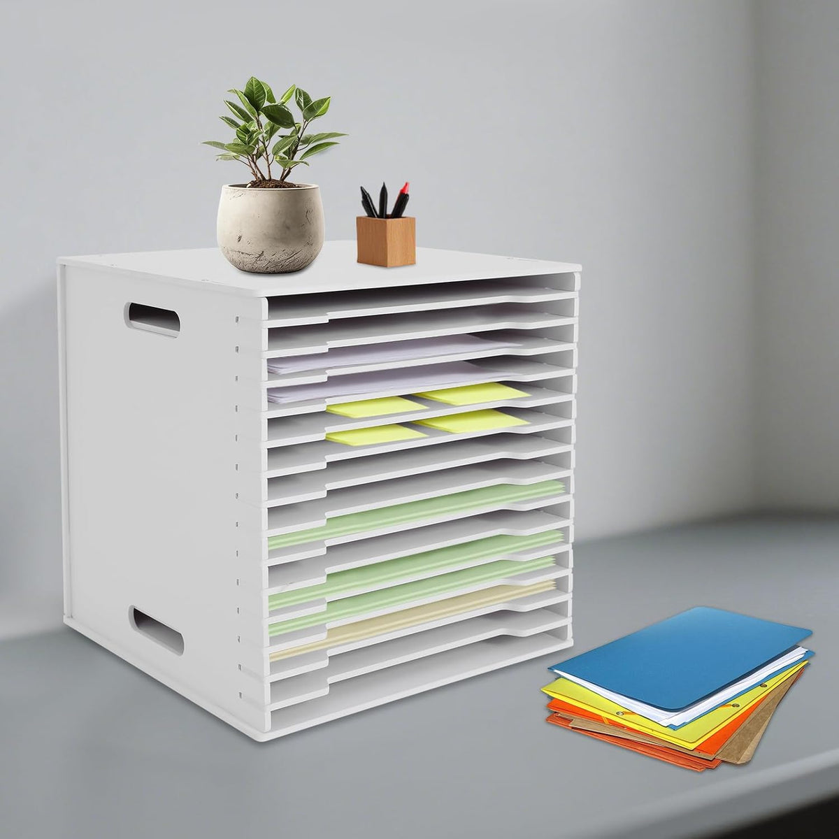 15-Slot Desktop File Organizer Rack, Vertical PVC Paper Storage Shelf for 12x12 Sheets, Office Document Sorter for Home Office, Classroom, Craft Room and Magazine Storage (White)