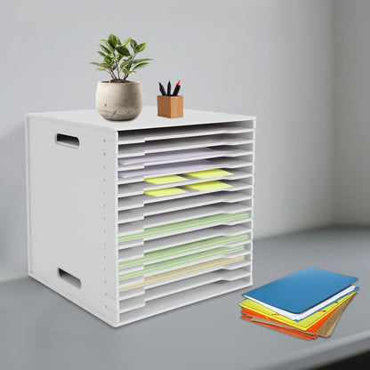 15-Slot Desktop File Organizer Rack, Vertical PVC Paper Storage Shelf for 12x12 Sheets, Office Document Sorter for Home Office, Classroom, Craft Room and Magazine Storage (White)