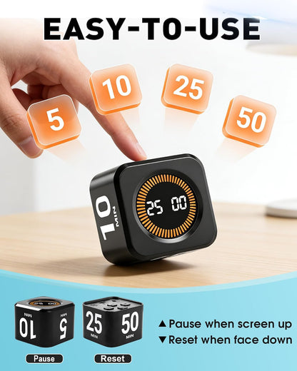 Rotating Timer Cube for Productivity — 5/25/10/50 Minutes Preset, Digital Gravity Sensor Desk Visual Timer for ADHD, Silent Mode, Ideal for Office, Study, Kitchen & Kids