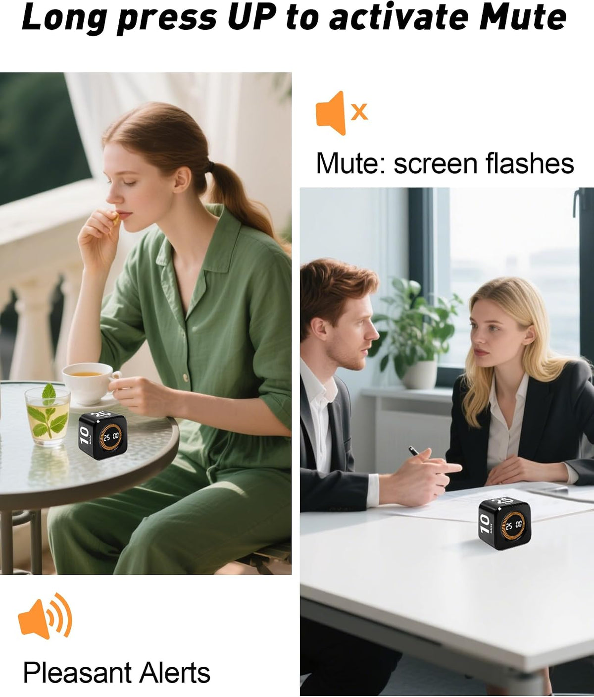 Rotating Timer Cube for Productivity — 5/25/10/50 Minutes Preset, Digital Gravity Sensor Desk Visual Timer for ADHD, Silent Mode, Ideal for Office, Study, Kitchen & Kids
