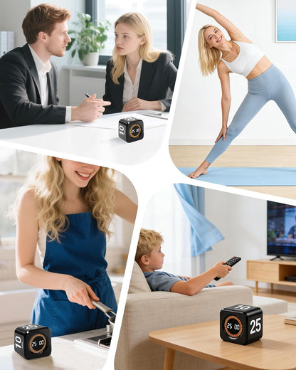 Rotating Timer Cube for Productivity — 5/25/10/50 Minutes Preset, Digital Gravity Sensor Desk Visual Timer for ADHD, Silent Mode, Ideal for Office, Study, Kitchen & Kids