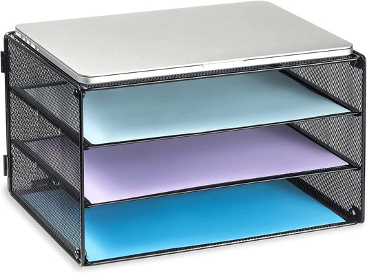 3 Tier Letter Tray Paper Organizer with Sliding Mesh Trays Black