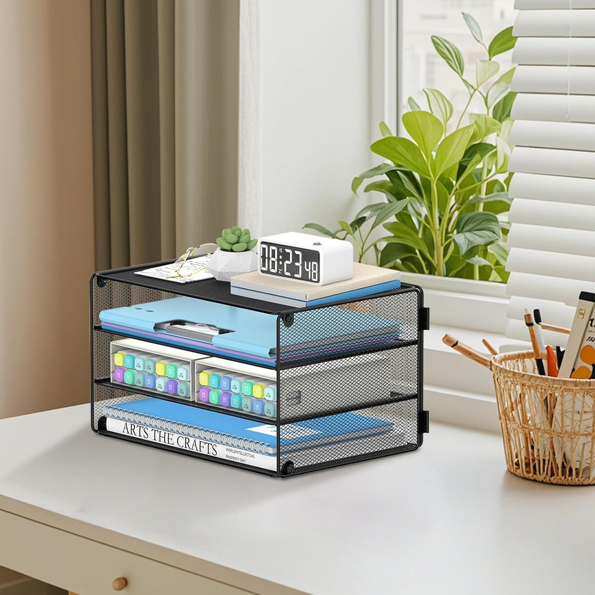 3 Tier Letter Tray Paper Organizer with Sliding Mesh Trays Black