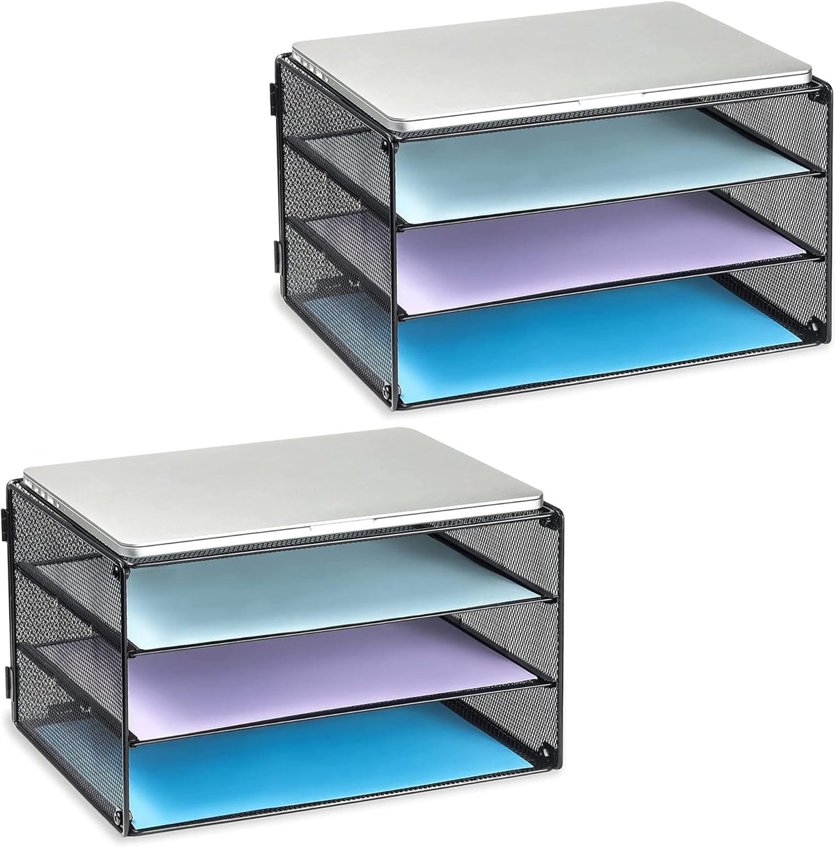 3 Tier Letter Tray Paper Organizer with Sliding Mesh Trays Black