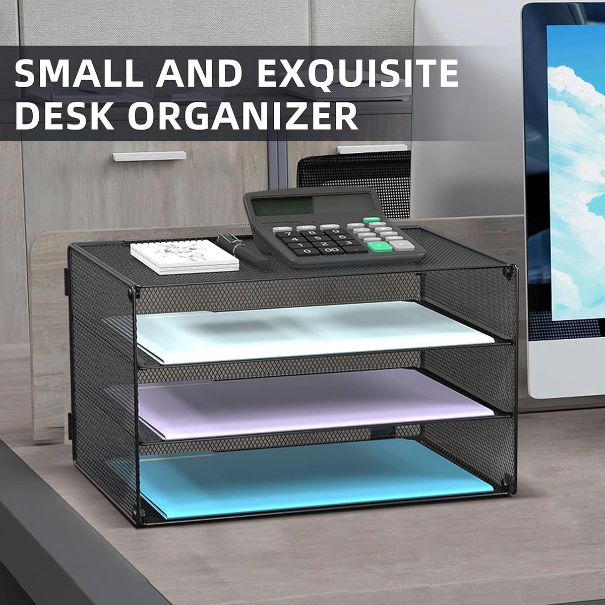 3 Tier Letter Tray Paper Organizer with Sliding Mesh Trays Black