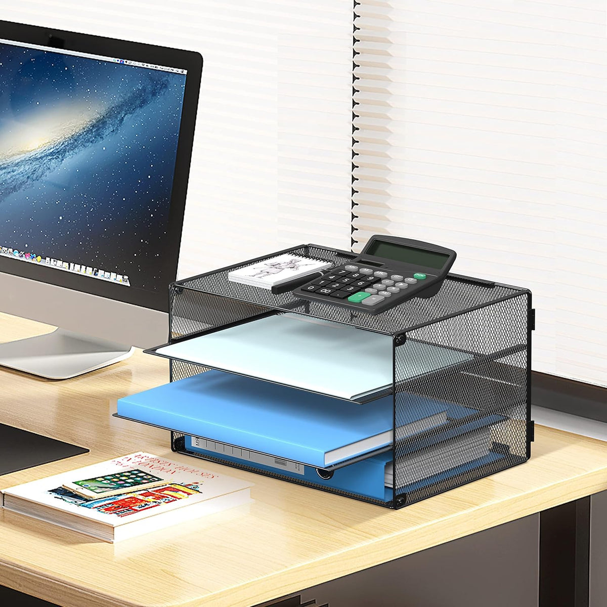 3 Tier Letter Tray Paper Organizer with Sliding Mesh Trays Black