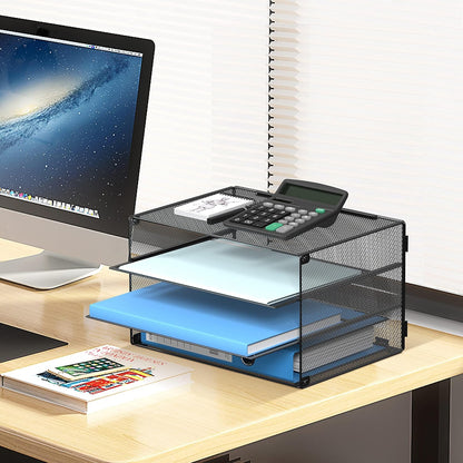 3 Tier Letter Tray Paper Organizer with Sliding Mesh Trays Black