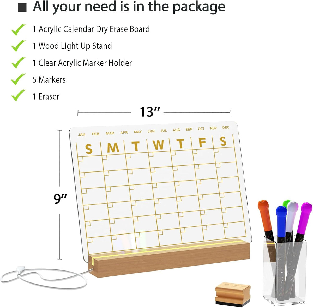 Light Up Clear Dry Drase Board 13 x 9 inch with 5 Markers, Acrylic Lighting Message Memo Note Board for Home/Office/Kitchen/Bedroom