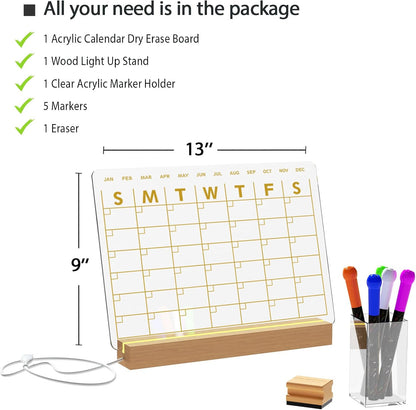 Light Up Clear Dry Drase Board 13 x 9 inch with 5 Markers, Acrylic Lighting Message Memo Note Board for Home/Office/Kitchen/Bedroom